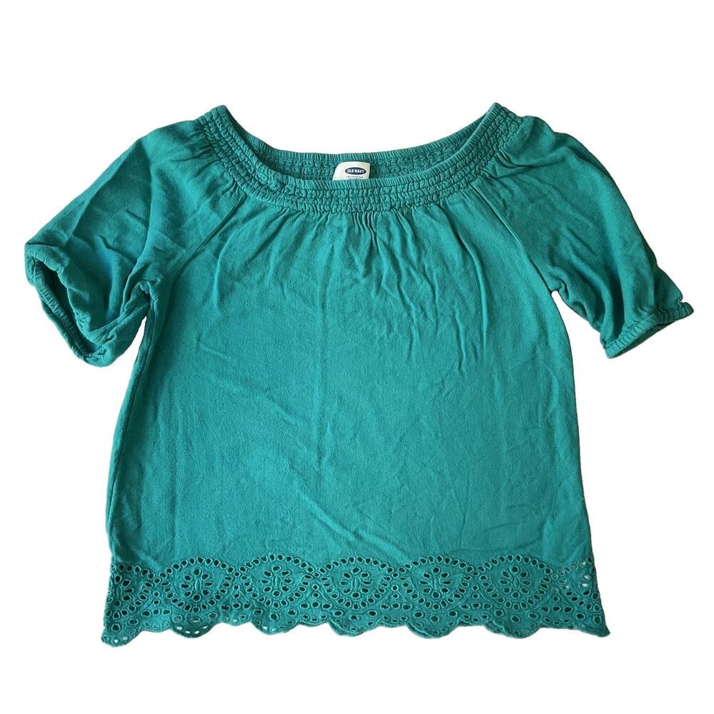 Old Navy Big Girl Blouse L (10-12) Teal Embroidered Scoop Neck Pullover Stretch